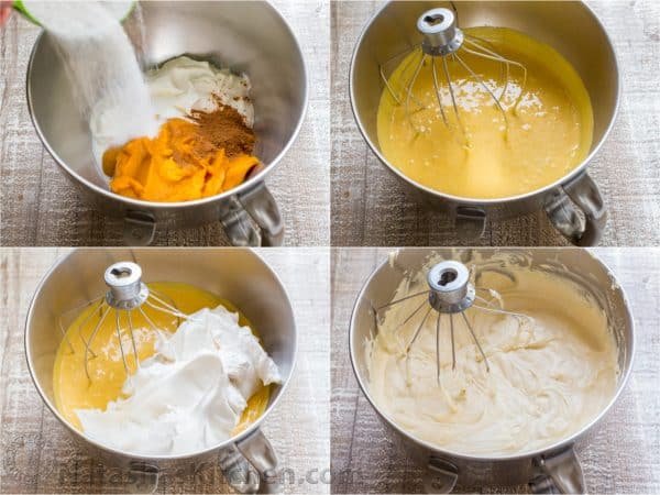 Four photos of pumpkin mousse being mixed in a mixing bowl 