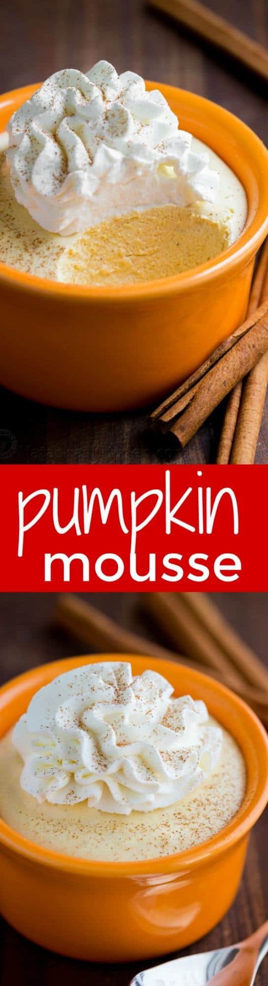 Pumpkin mousse cups have the taste and texture of whipped pumpkin pie. Smooth and airy pumpkin mousse recipe with the best rum-infused whipped cream! | natashaskitchen.com