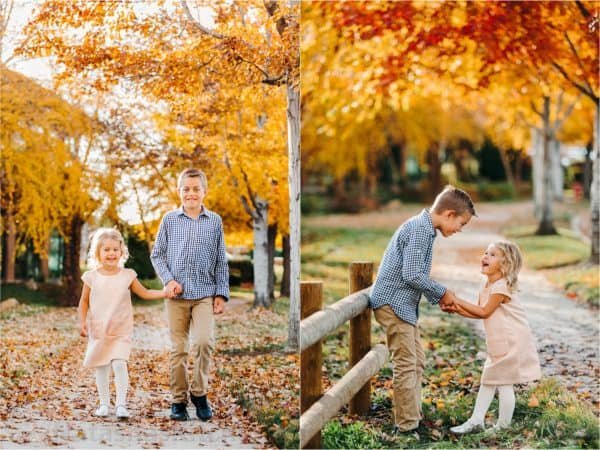 Two photos side by side one of children walking holding hands and one of children laughing 