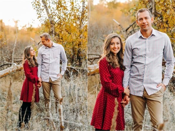 Two photos side by side of Natasha Kravchuk and her husband standing in grass