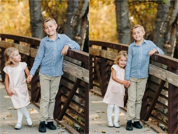 Two photos of two children standing on a bridge 