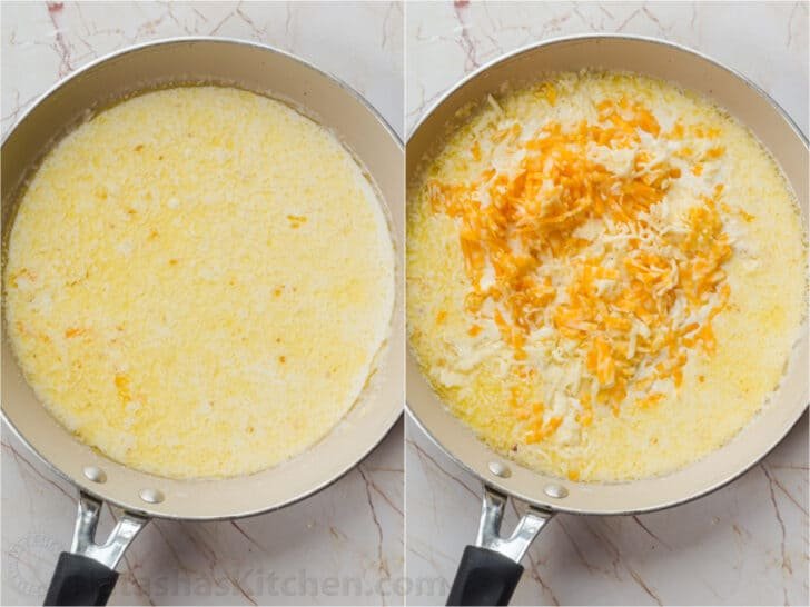 Step by step photo collage how to make cream for scalloped potatoes.