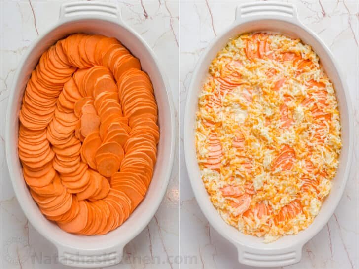 Step by step collage how to arrange scalloped potatoes in a baking dish. 