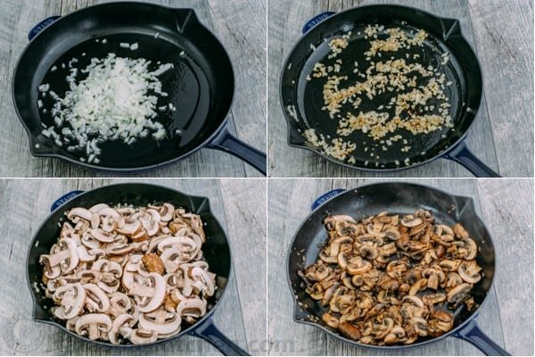 sauteeing onions and mushrooms to make turkey in gravy