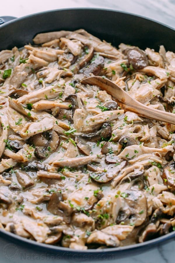 Turkey in Gravy is one of all all-time favorite leftover turkey recipes. Turkey in creamy mushroom sauce is so easy and always disappears fast. #leftoverturkey #leftoverturkeyrecipes #turkeyingravy #mushroomgravy #gravy #turkey How to Make leftover turkey in mushroom gravy in a pan