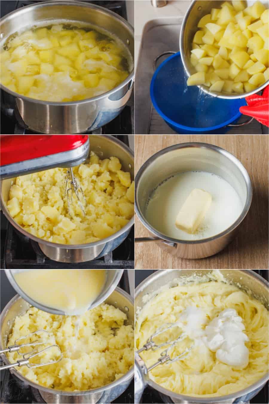 This is a simple sour cream mashed potatoes recipe with loads of buttery flavor. Enjoy homemade mashed potatoes as an easy, versatile side! Photo collage showing the process for making sour cream mashed potatoes.
