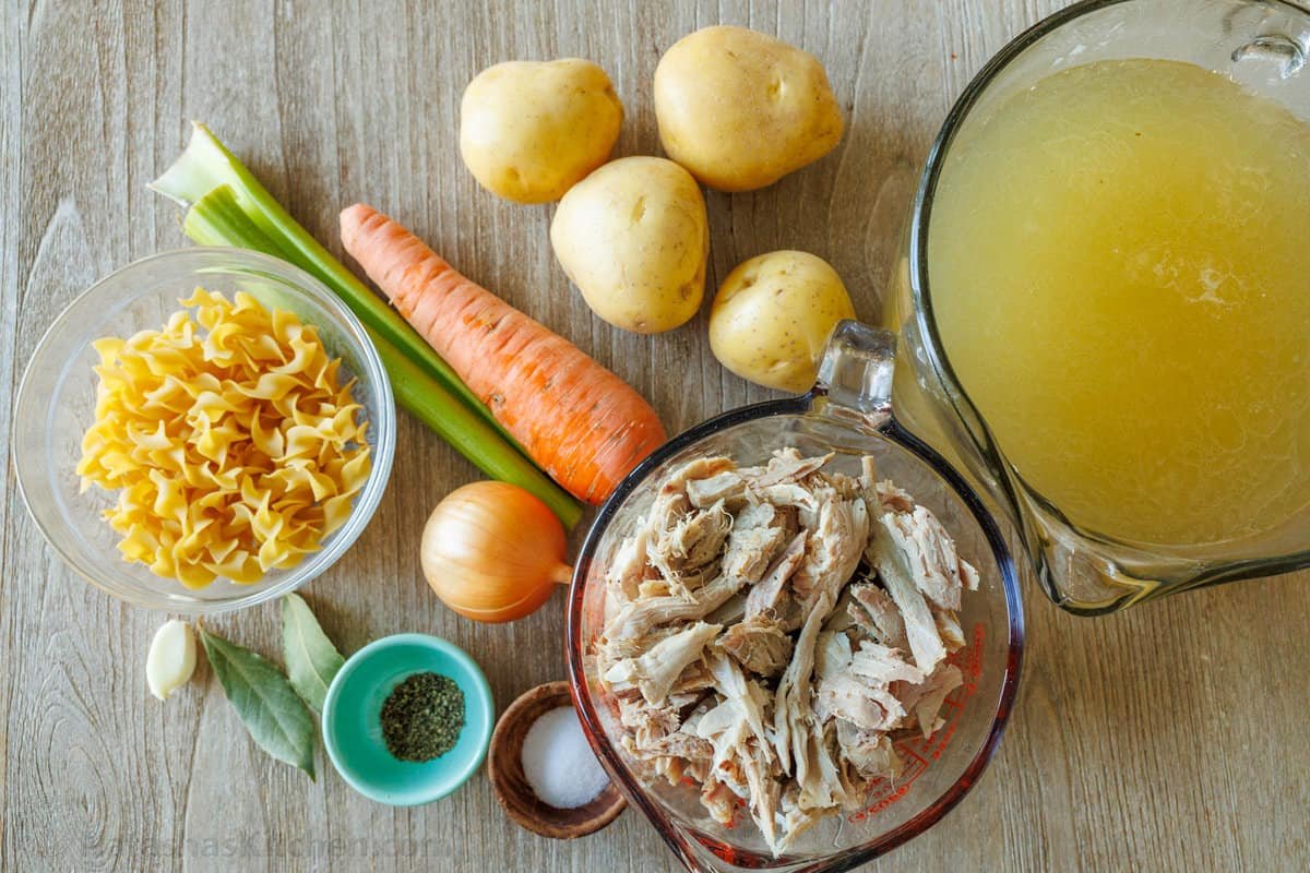 Ingredients for Turkey Noodle Soup Ingredients for turkey soup carrot, turkey, potatoes, garlic, turkey broth, salt and pepper, egg noodle pasta, onion, bay leaf