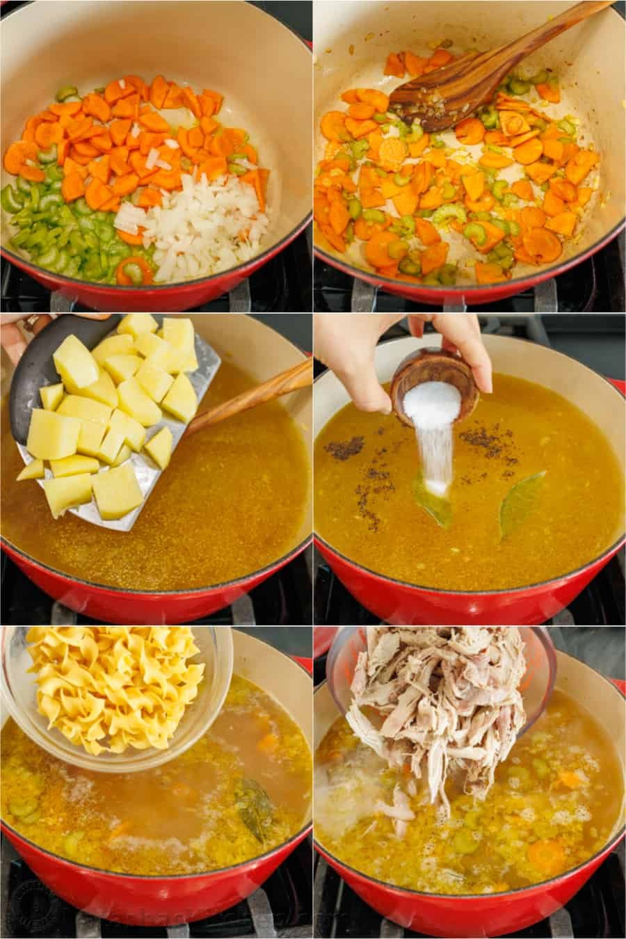 This hearty Turkey Noodle Soup recipe is warm, comforting, and simple to make. It's the perfect way to use the leftover turkey from your holiday dinners. How to make easy turkey noodle soup, step by step photos. Sautee vegetables, add broth and potatoes, season, add egg noodles, and finally add turkey