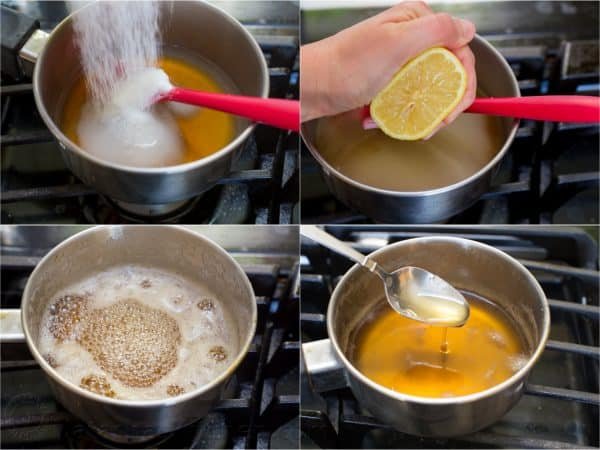 Four photos of saucepans on the stovetop making syrup for baklava cups