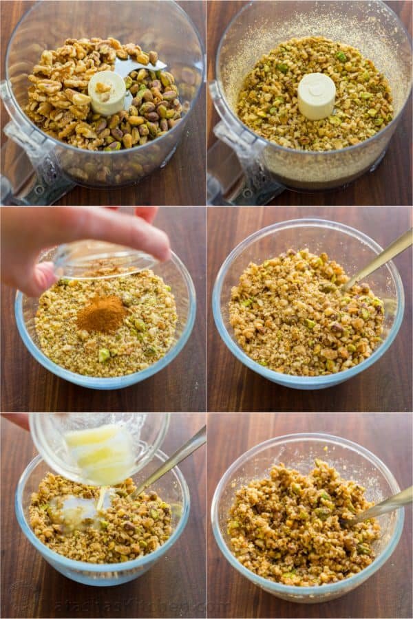 Six photos of a mixture being put through a food processor and put into a bowl 