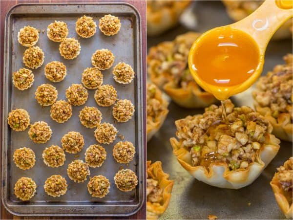 Two photos one of baklava cups on a tray and one of syrup being poured onto it 