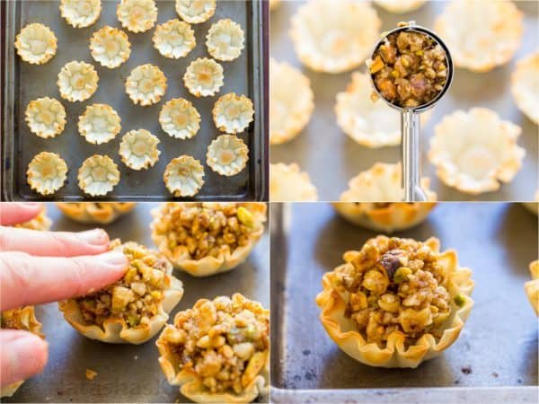 Four photos of baklava cups being put together 