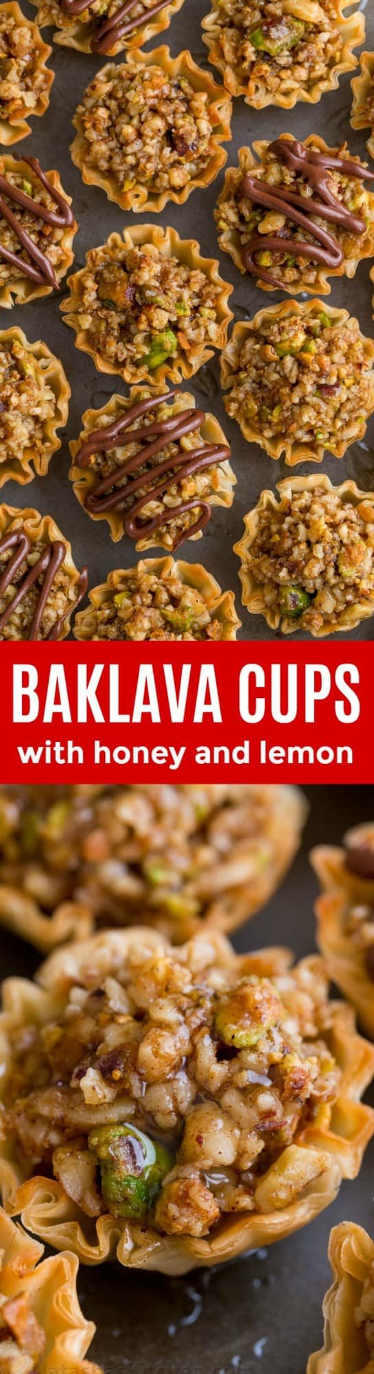 Mini Baklava Cups taste like authentic baklava but easier! The honey and lemon syrup make these baklava cups completely irresistible. A make-ahead recipe! | natashaskitchen.com