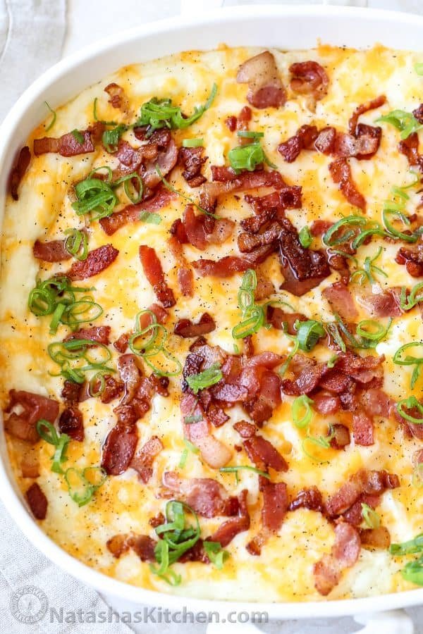 Loaded Mashed Potatoes in a Baking dish.