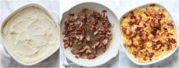 Three photos that show the process of making a Loaded Mashed Potato Casserole 