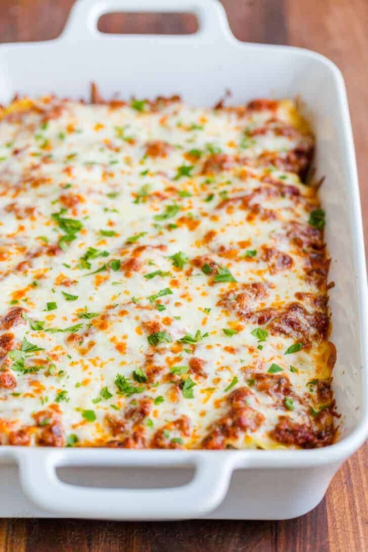 Assembled and baked lasagna roll ups casserole