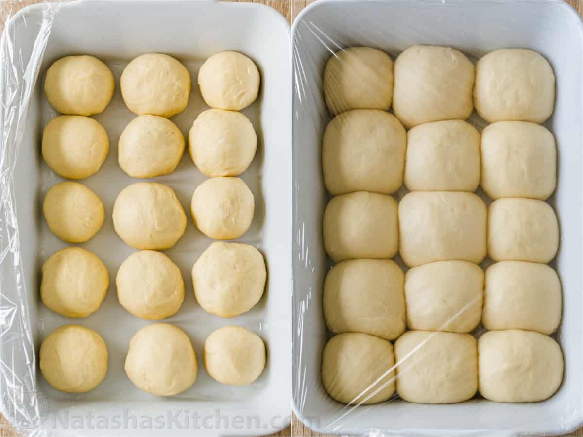 Irresistibly Soft Dinner Rolls are easy to make with just 6 ingredients. There's nothing like fluffy warm homemade dinner rolls. These are holiday worthy! #dinnerrolls #softdinnerrolls #homemadedinnerrolls #easydinnerrolls #howtomakedinnerrolls #natashaskitchen Shaping of dinner rolls and them rising on a baking sheet.