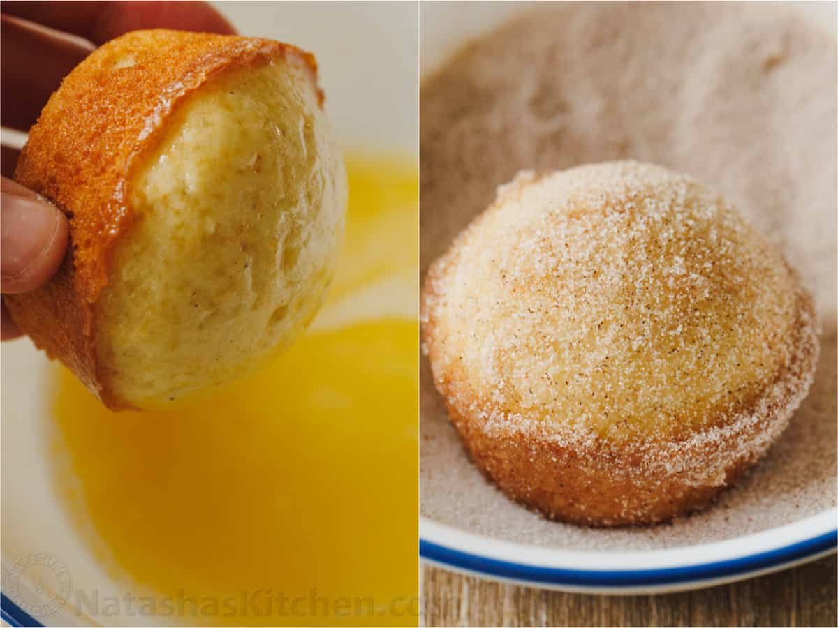 Fluffy cinnamon muffins filled with warm spice and dipped in cinnamon sugar for an irresistible, sugary crunch. Ready in 25 minutes! Side by side photos showing how to dip the warm muffin tops in butter, then in cinnamon sugar.