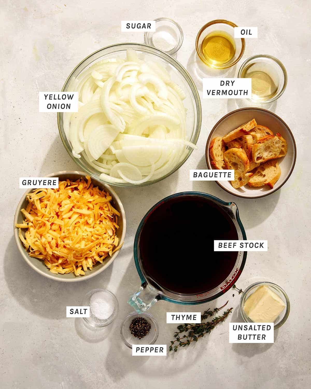 French onion soup ingredients.