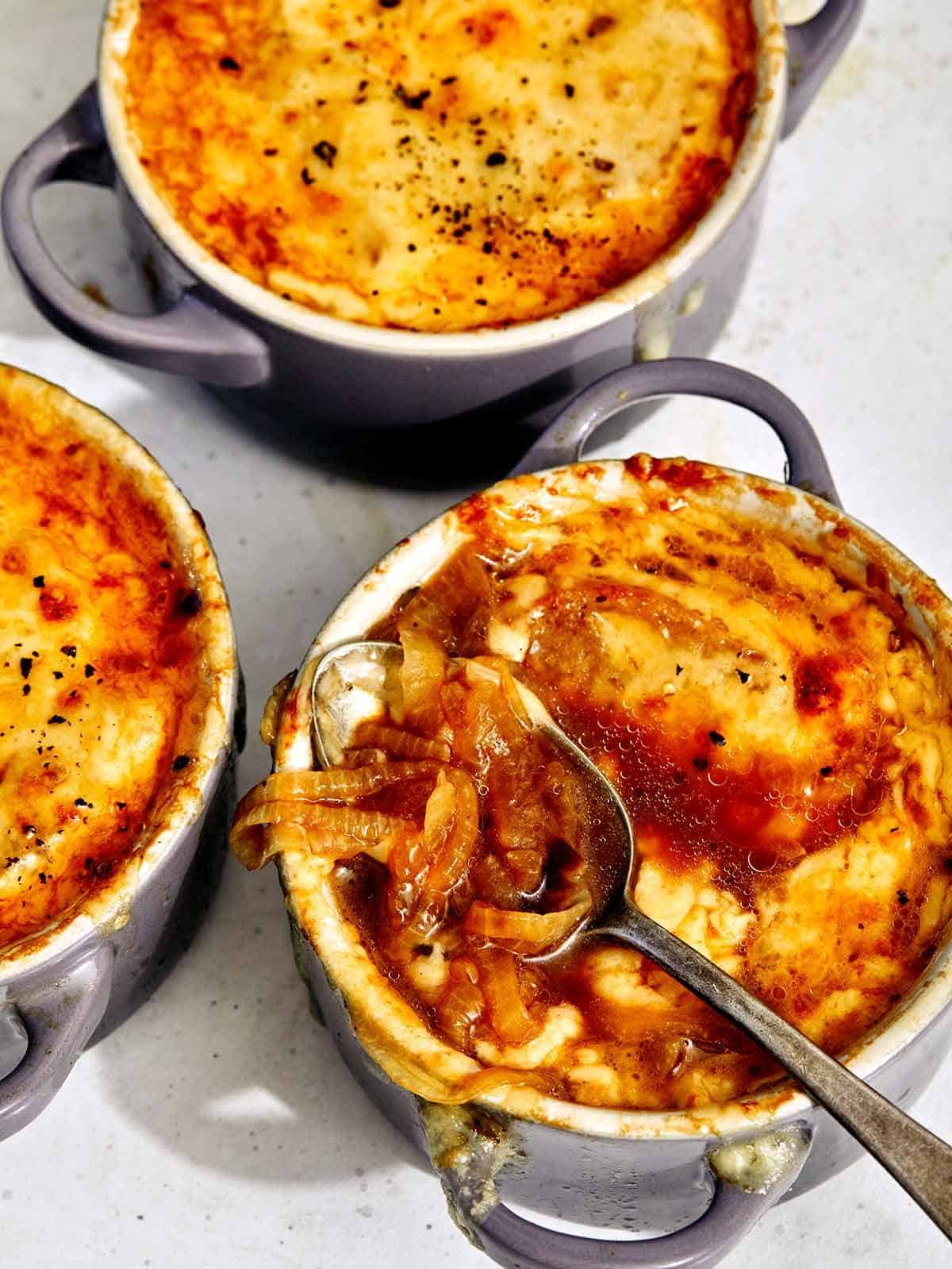 French onion soup recipe in bowls.