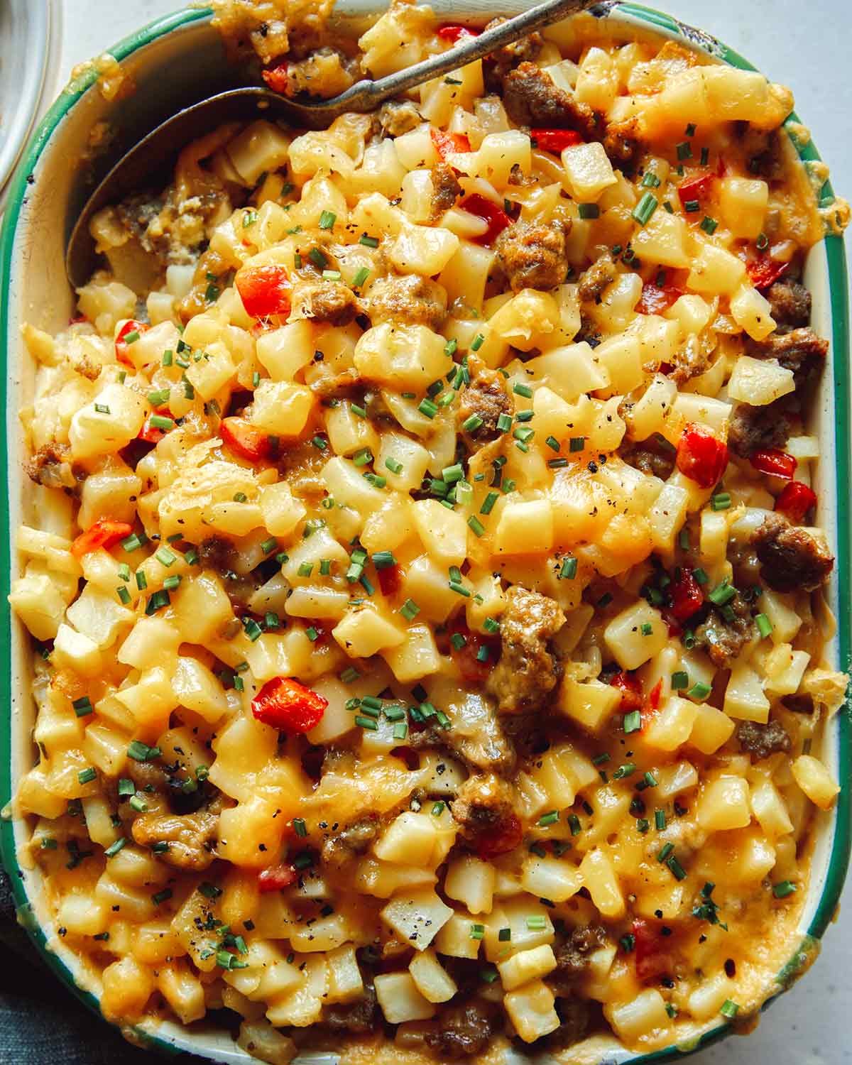 Close up on a baked up breakfast casserole.