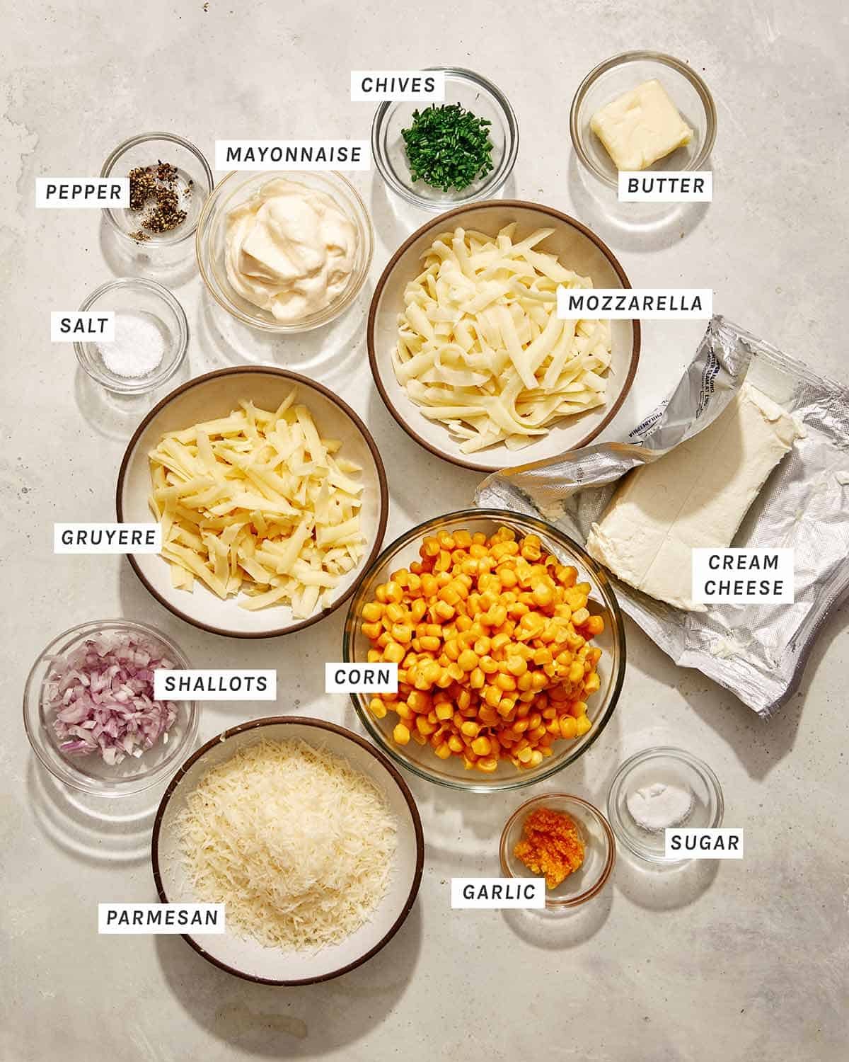 Creamed Corn Dip ingredients on a kitchen counter.