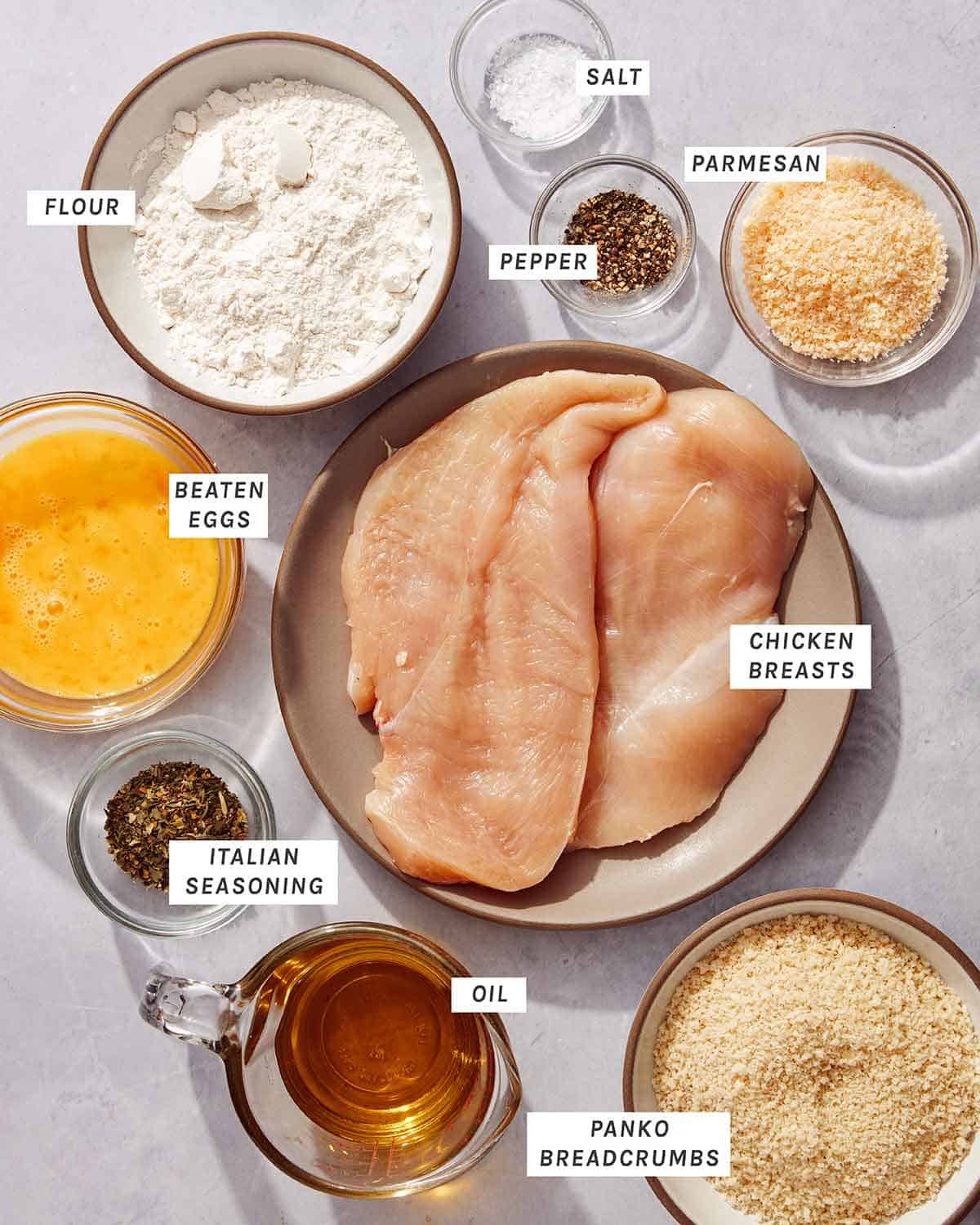 Ingredients to make a chicken milanese recipe.