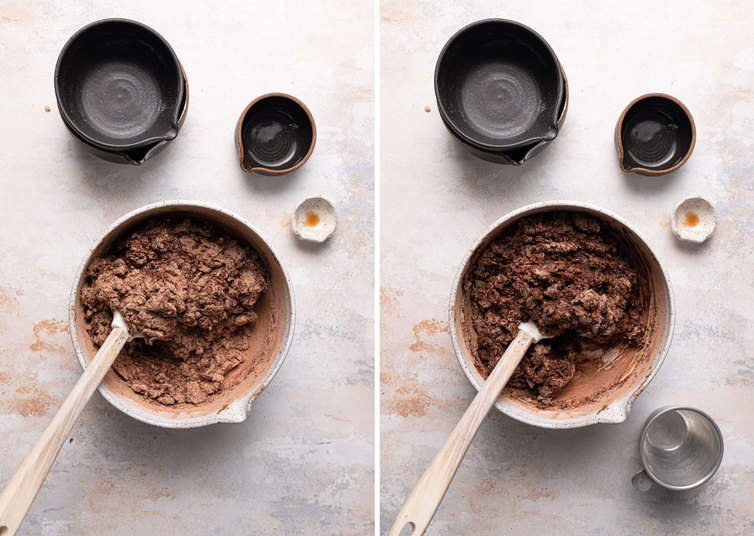 Folding together the batter for chocolate muffins.