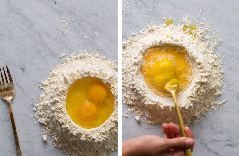 Homemade Pasta recipe in process A split photo of a mound of flour with eggs and a person whisking the eggs.