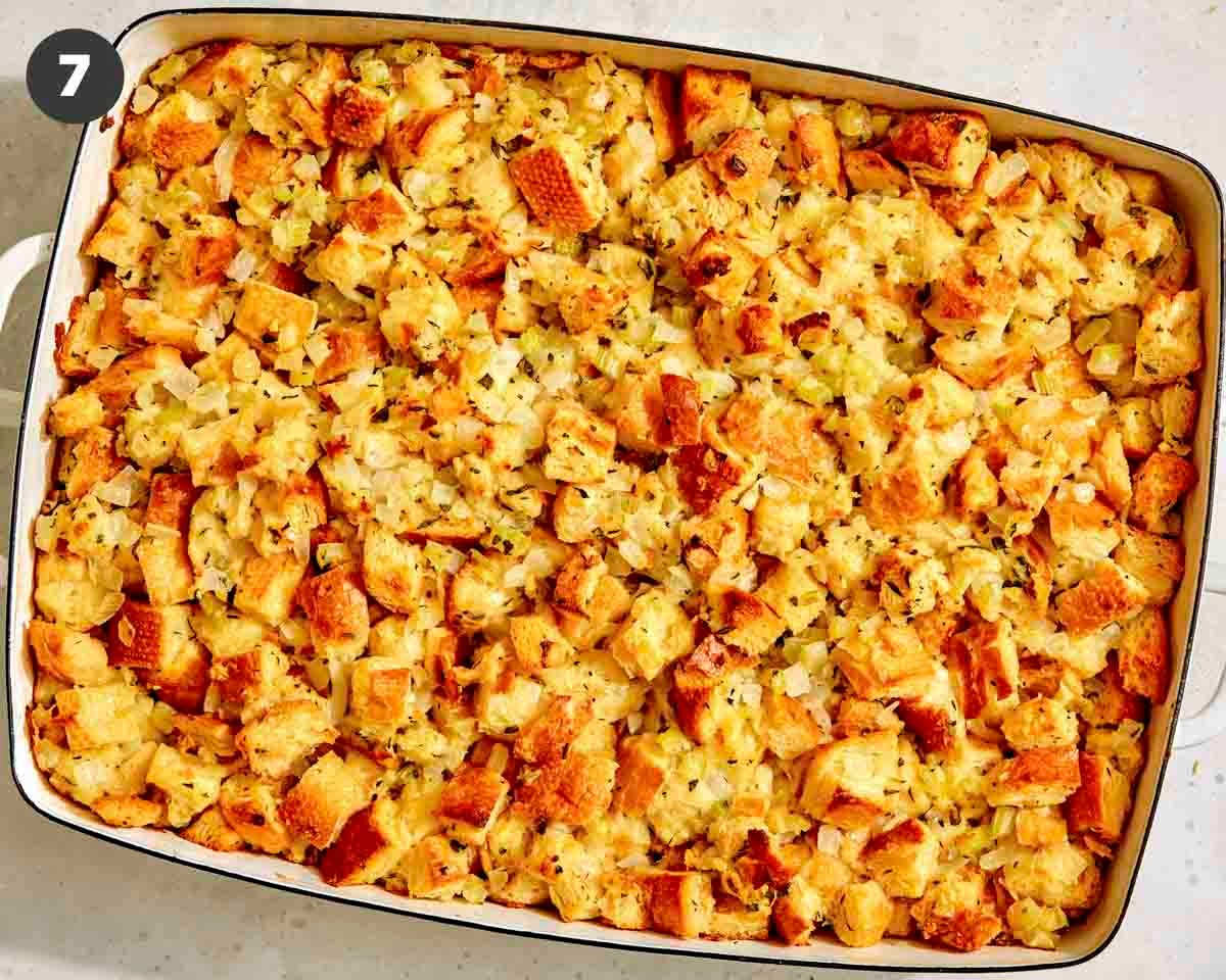 Homemade stuffing in a baking dish freshly baked.