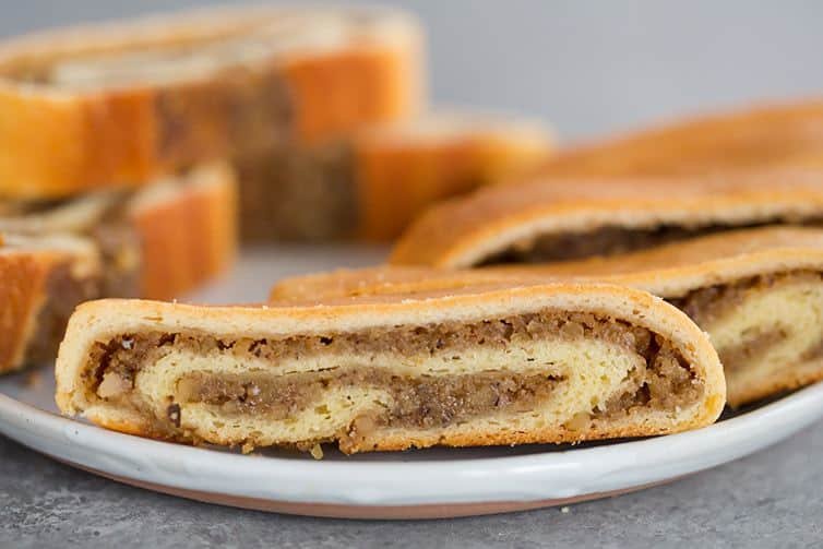 A plate with slices of nut roll.