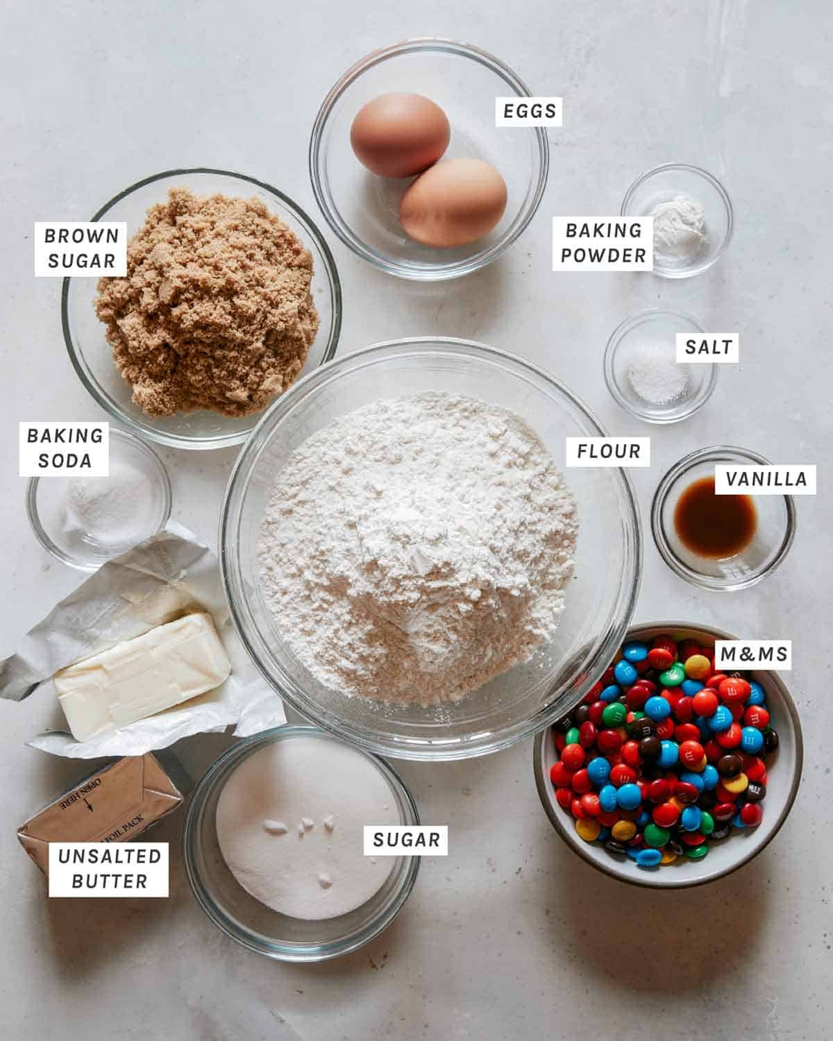 M&M ingredients all laid out on a kitchen counter.