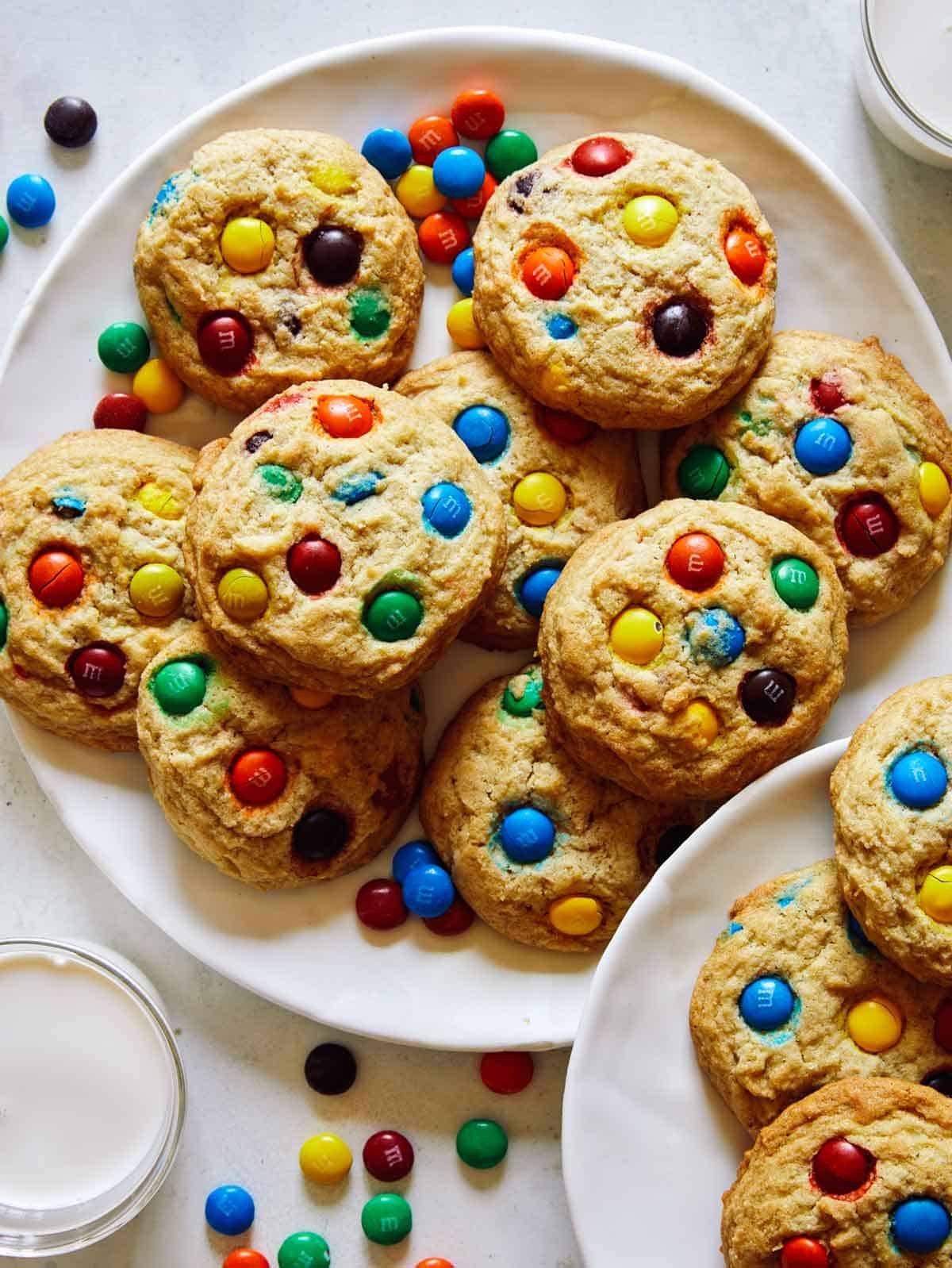 Plates of freshly baked M&M cookies.
