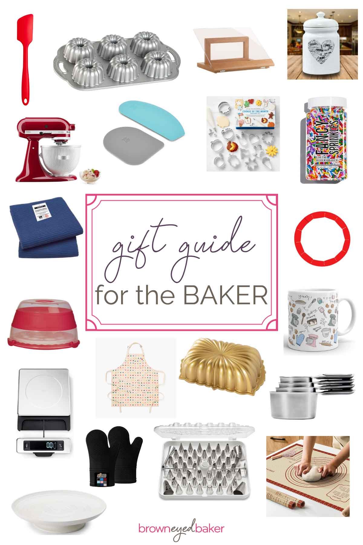 Photo collage of kitchen items with a text box in the center saying "gift guide for the baker".