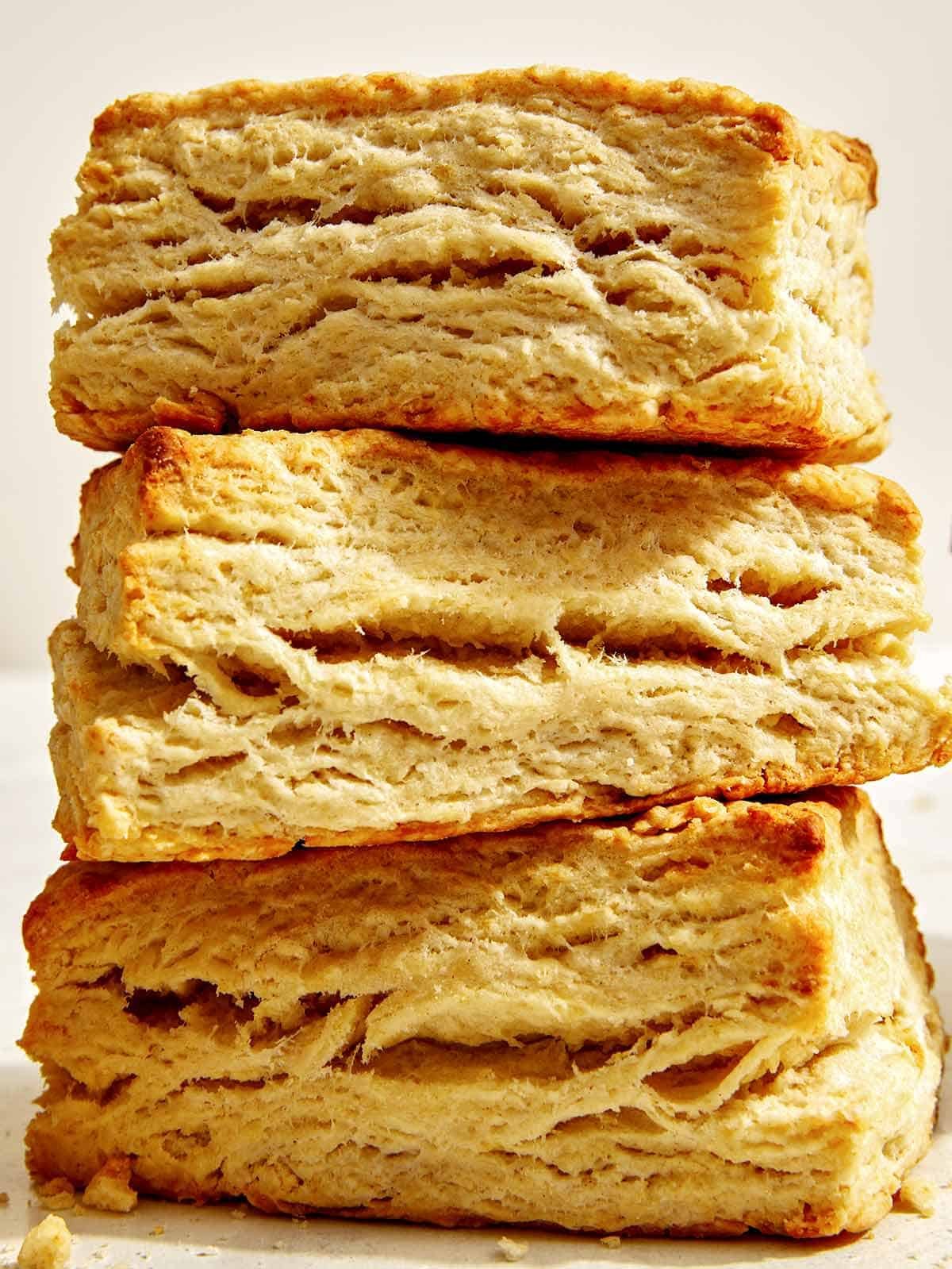Buttermilk biscuits close up stacked.