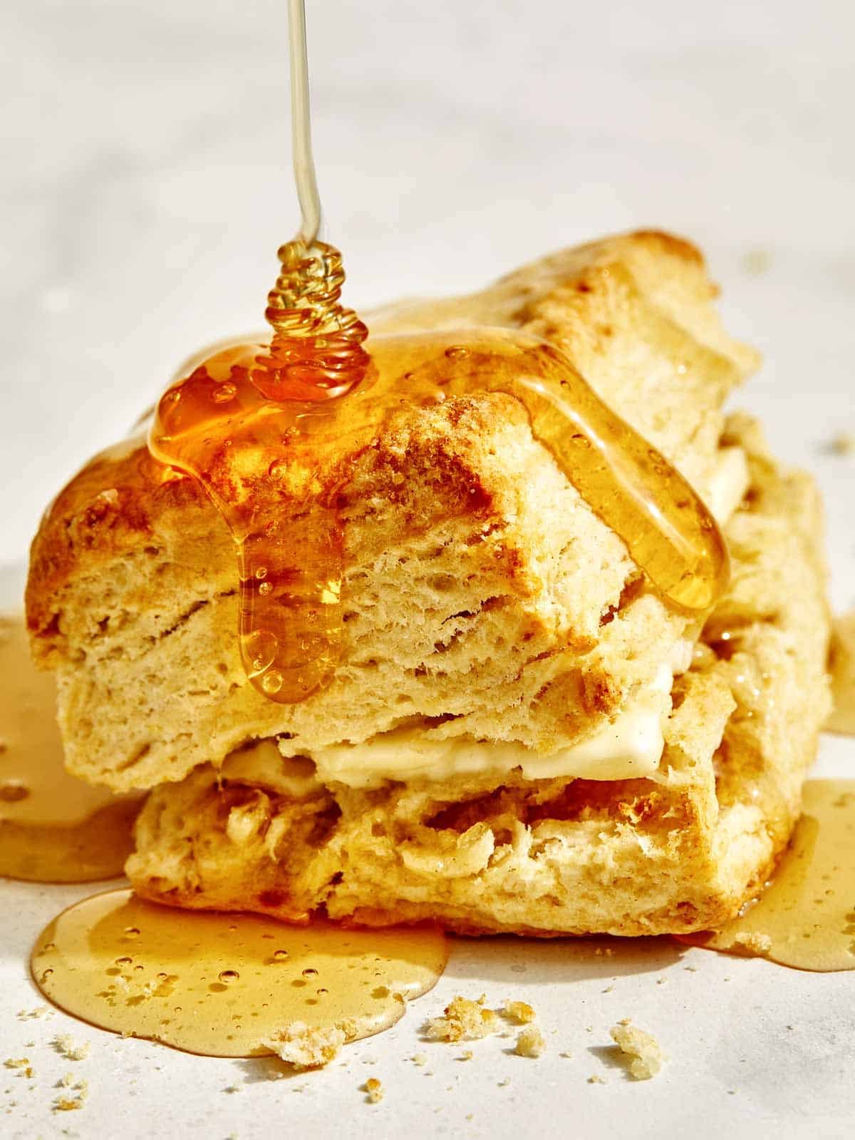 Buttermilk biscuits with honey and butter.