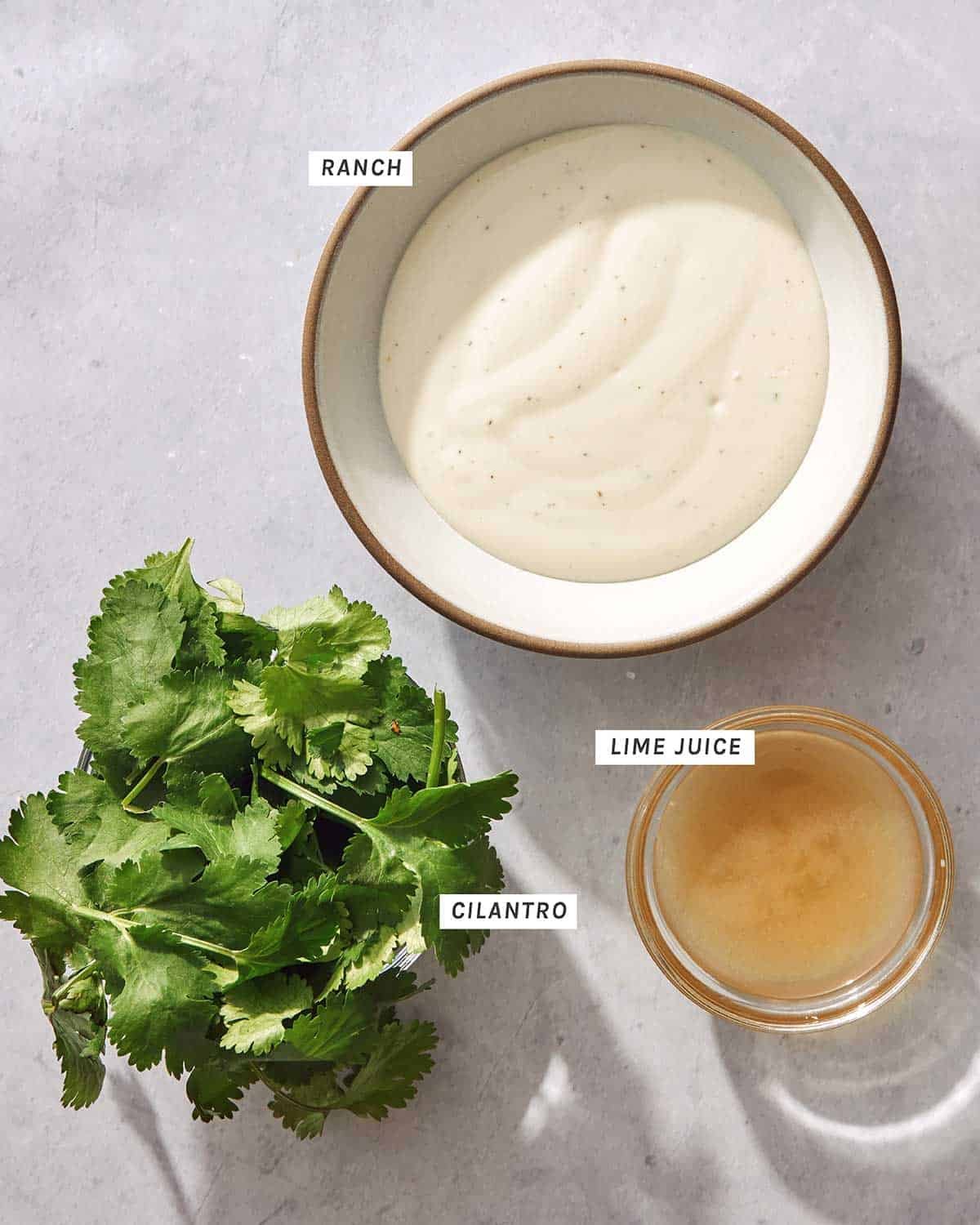 Cilantro ranch ingredients on a kitchen counter.