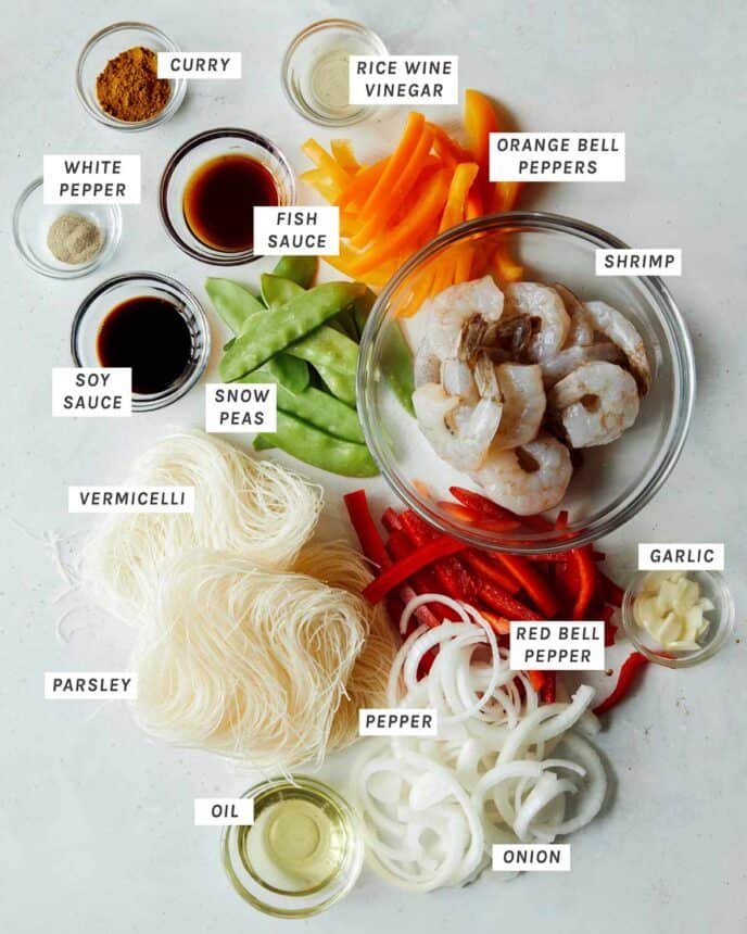 All of the ingredients to make Singapore Noodles recipe.