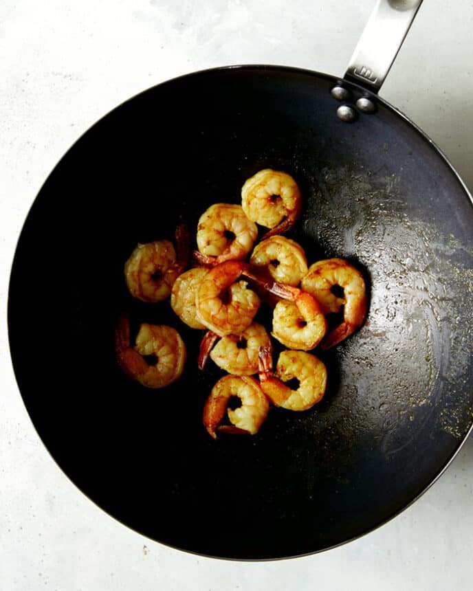 Shrimp cooked in a wok.