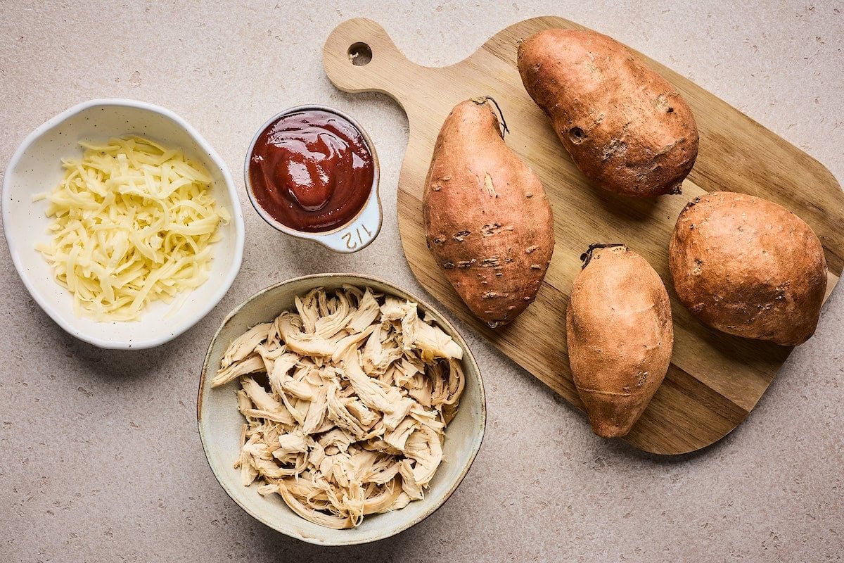 ingredients to make BBQ Chicken stuffed sweet potatoes.