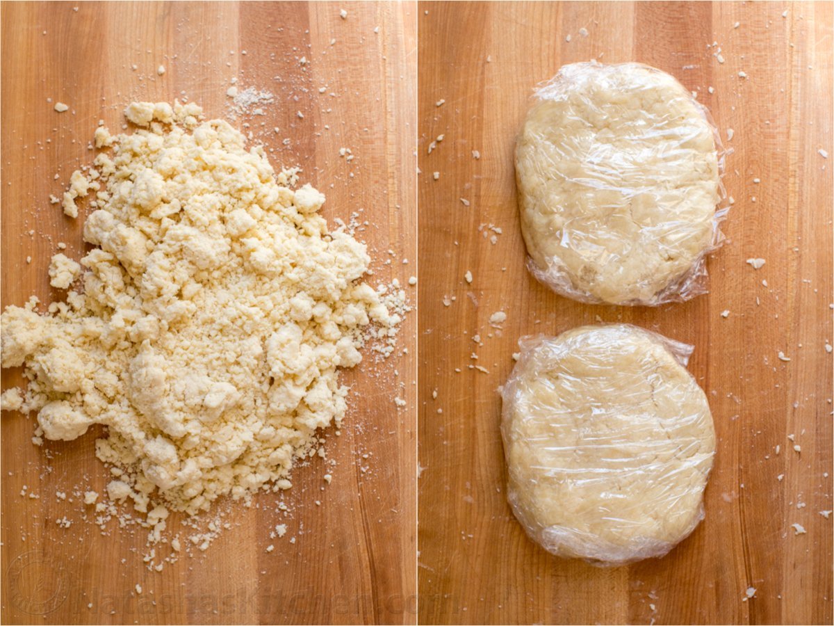 This homemade Pie Crust recipe yields a flaky, tender crust with rich buttery flavor. An easy pie dough - perfect for sweet and savory pies. course texture of pie dough before and after being pulled into pie disks.