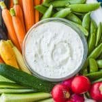 Homemade Ranch Dip recipe served with raw vegetables on a white platter