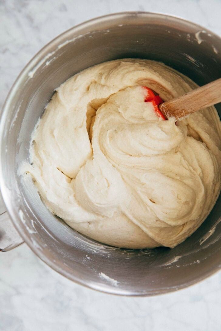 photo showing process of making snickerdoodle bread: texture of cake batter before baked