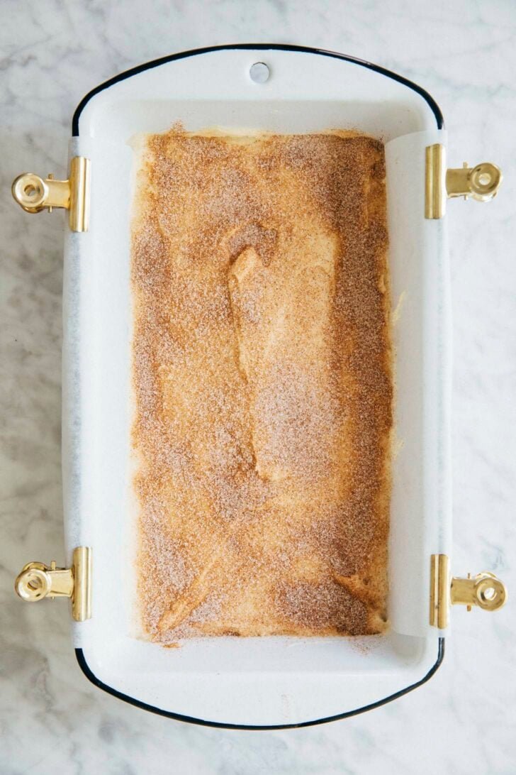 photo showing process of making snickerdoodle bread: layer of snickerdoodle swirl