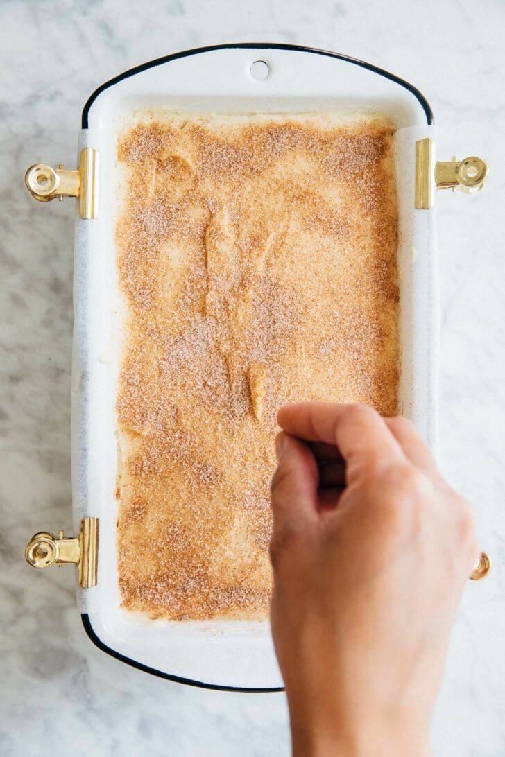 photo showing process of making snickerdoodle bread: michelle of hummingbird high sprinkling the cinnamon sugar topping on the snickerdoodle bread