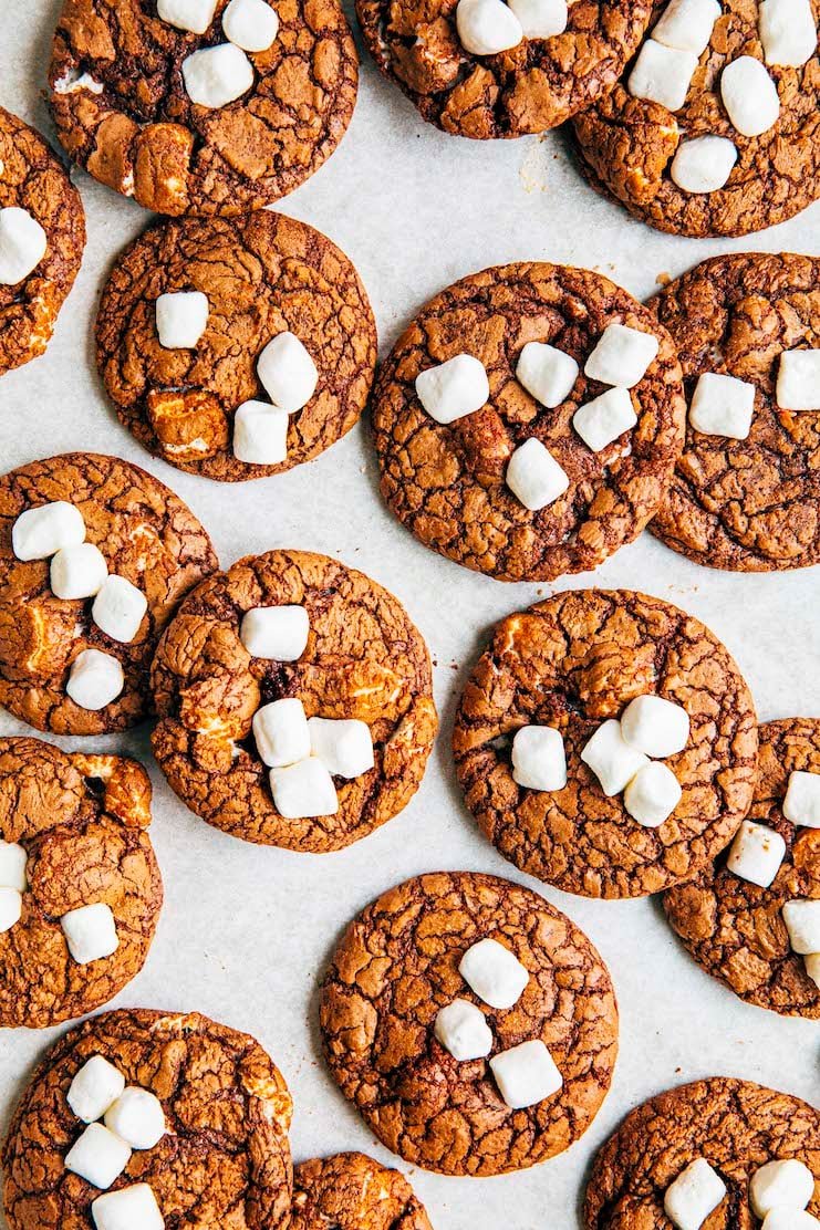 close up photo of hot cocoa cookies with marshmallows