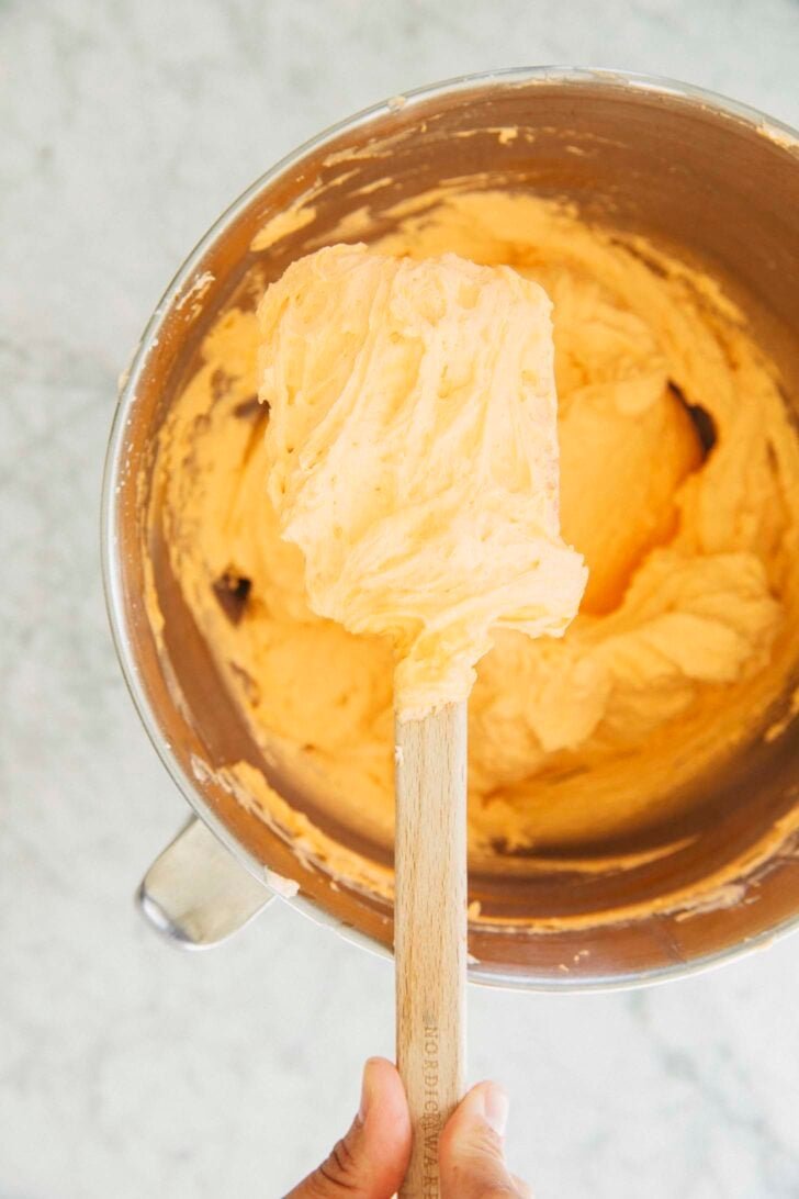 photo showing the texture of the sweetened condensed milk frosting after it's been made