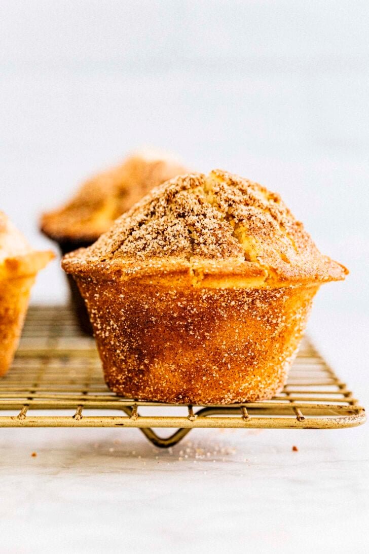 close up photo of bakery style snickerdoodle muffin showing off its tall muffin top