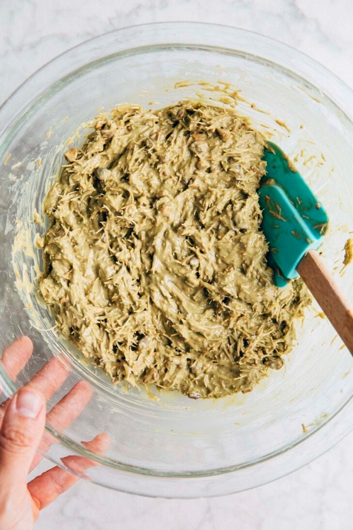 Photo showing the finished texture of the Dubai chocolate pistachio kataifi filling with the pistachio cream mixed in
