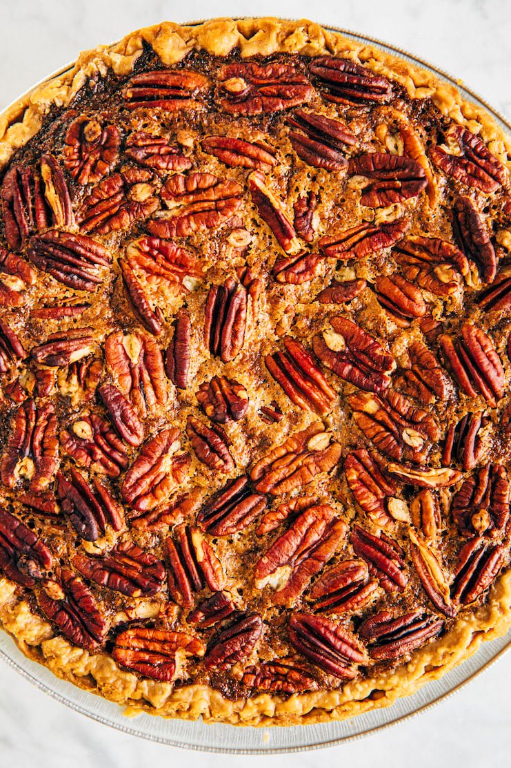 black bottom chocolate pecan pie close up
